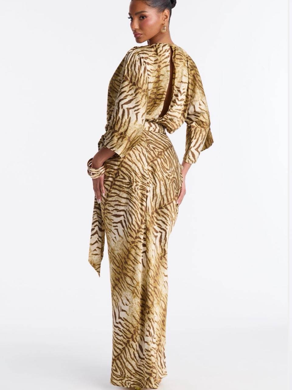 Animal Print Wrap Maxi Dress In Gold And Cream